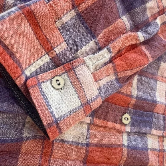 Izod Women’s Large Salmon Purple White Plaid Linen Blend Button Up Shirt - Picture 5 of 7